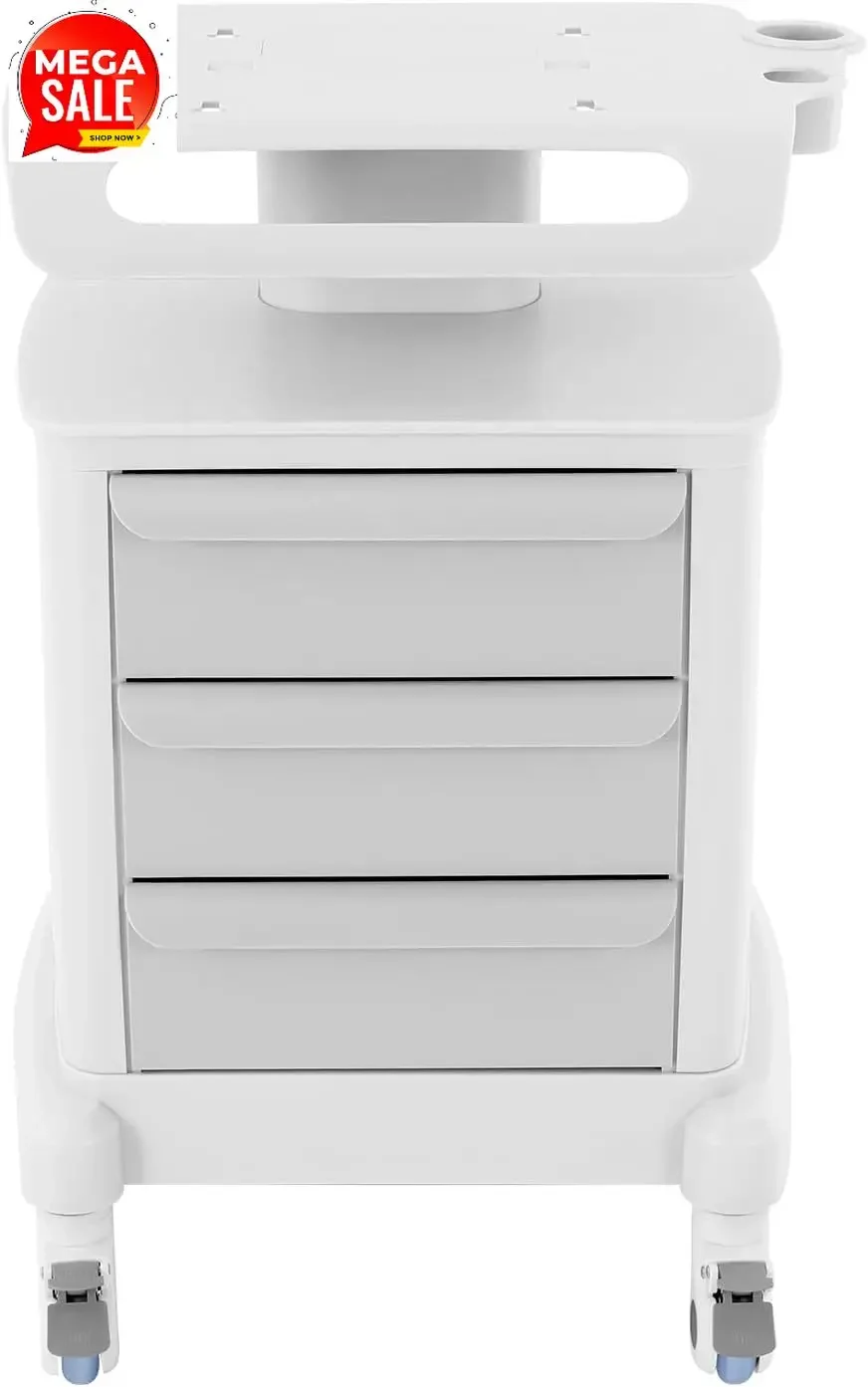 Medical Cart, Professional Mobile Medical Trolley with 4 Slient Wheels and 3 Drawers, 66.1LBS Load Capacity Salon Roller Trolley