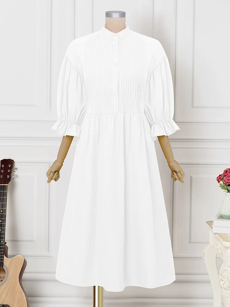 VONDA Plus Size Abiti lunghi eleganti Donna Autunno 3/4 Manica a lanterna Pieghettato Vestito estivo da festa Moda casual Abito lungo da sposa 5XL