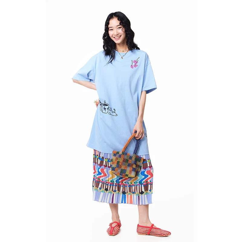 MOVEUP Short Sleeved Round Neck T-shirt 2026 Summer New Cotton Cartoon Cat Embroidered Top For Women Casual Loose Tees 3ELX10509