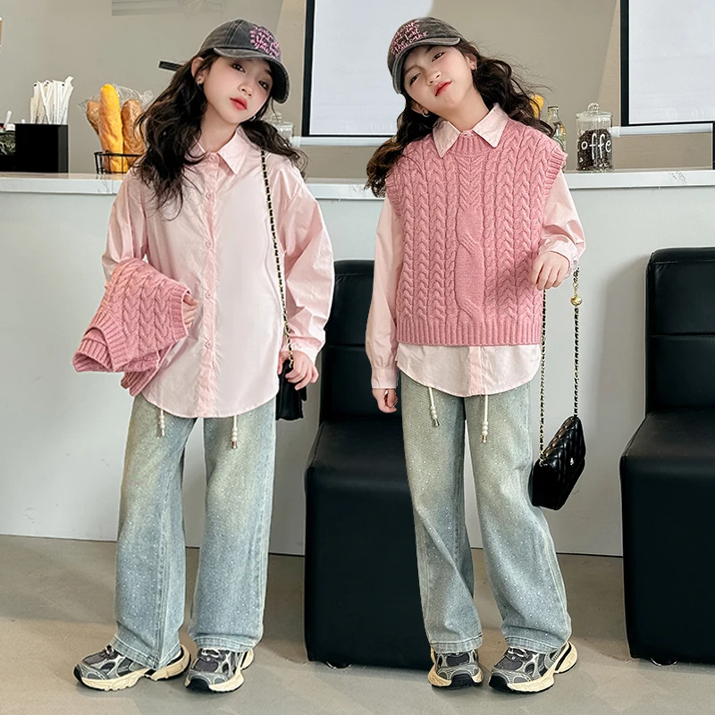 

Children's Set Spring and Autumn Season Girls' Single breasted Shirt Knitted Vest Versatile Jeans Three piece Casual Fashion Set