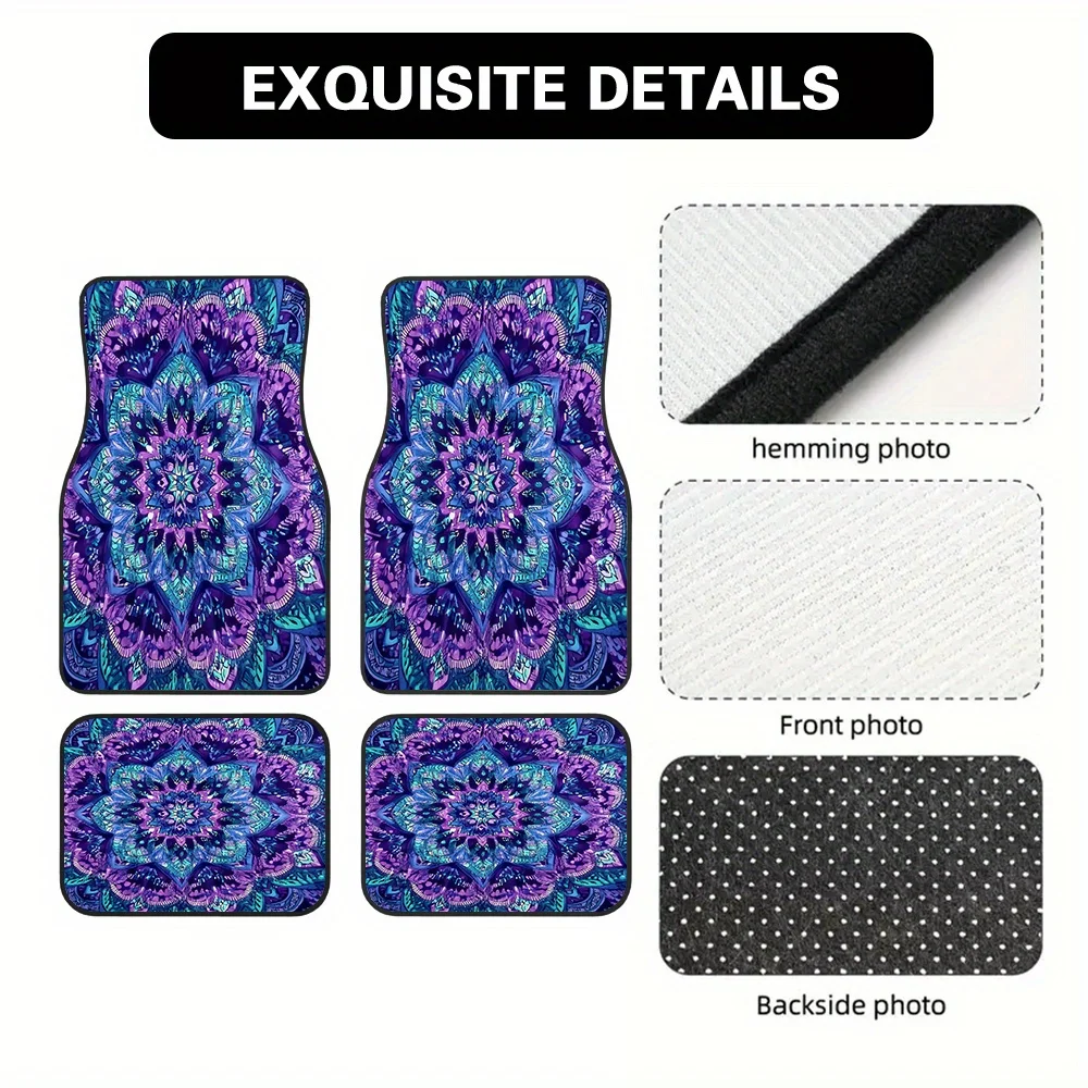 4pcs Bohemian Mandala Car Floor Mats Suitable For Sedans & Minivans, Fit Driver/Passenger/Rear Seats, Easy-Clean Flat Floor Line