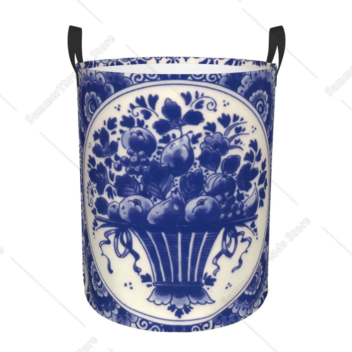 

Delft Blue Tile Flowers Fruit Collapsible Laundry Hamper - Antique Chinoiserie Storage Bin for Clothes & Toys