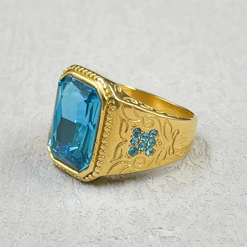 Gold color Stainless Steel Charm Rings for Women 2022 Trendy Heavy blue rhinestone Rings Wedding Party Jewelry Gifts