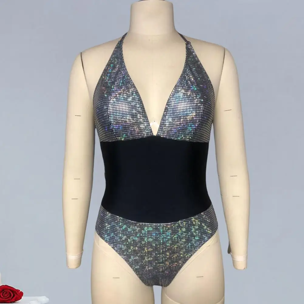 Sexy Monokini Swimsuit Sequin Embellished Swimwear Sparkling Sequin Patchwork Monokini with Lace-up Halter High for Beachwear