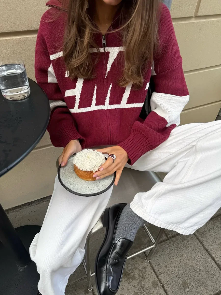 

Print Fit Lazy Style Jumpers Blubelle New Autumn Winter Women's Knit Sweater Cardigan Collar Design Loose Letter