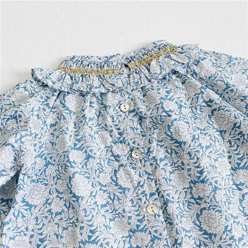 2024 Fashion Summer Girl Blouse Top Princess Blue Floral Shirt Children Smocking Shirt Teenager Girl Luxury Clothing