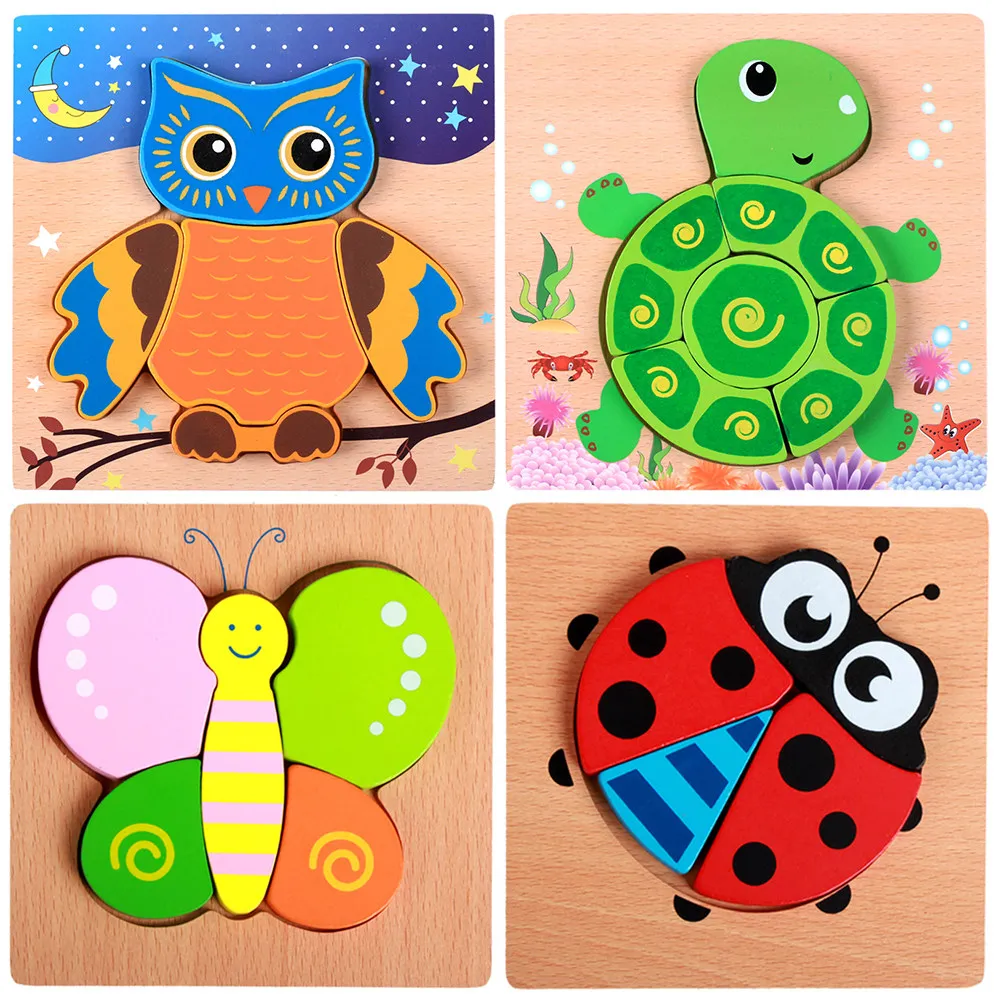 

4Sets Wooden Animal Puzzle Creative 3D Hand-Eye Coordination Educational Puzzle for Kids Children Butterfly Ladybug Turtle Owl