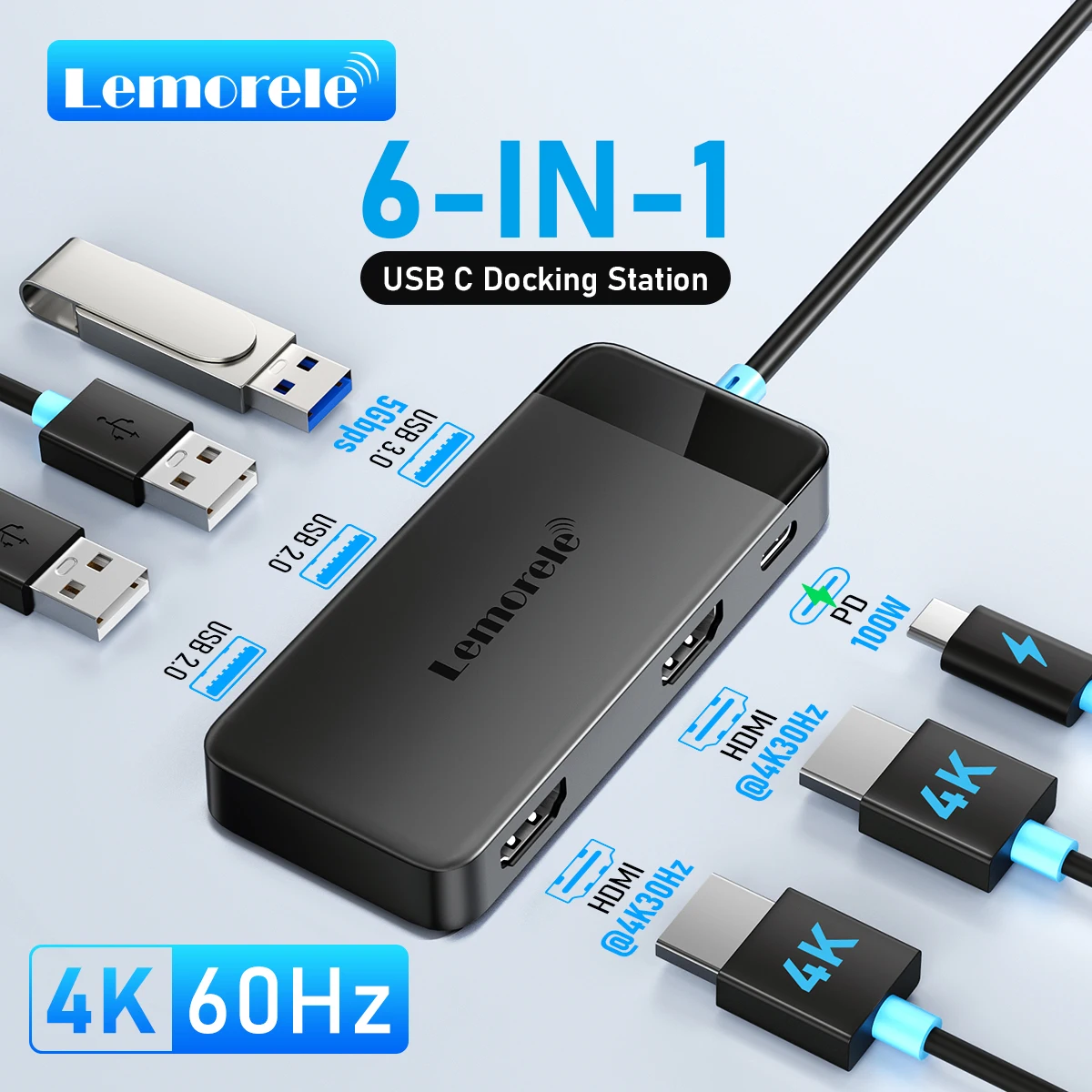 Lemorele TC122 Hub USB 6 em 1 Tipo-C Dual 4K HDMI USB-C 3.0 5Gbps PD100W Acessórios de Escritório para Computador, Tablet, Laptop e Monitor