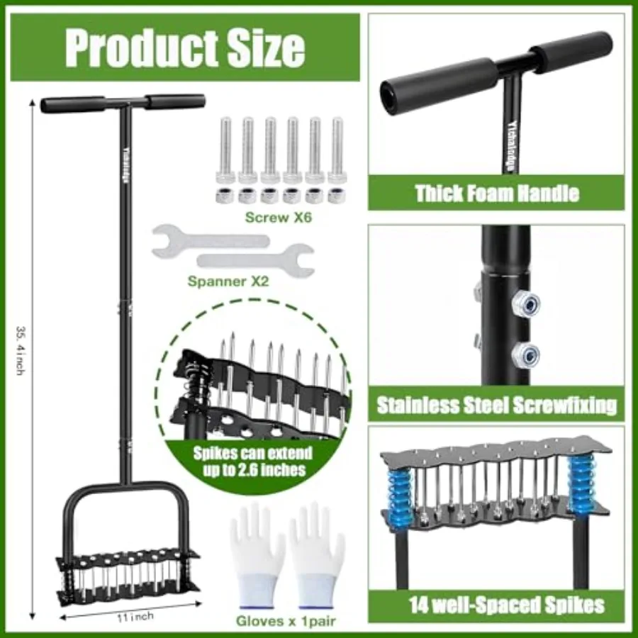 スプリングベースと14本のスチールスパイクを備えた手動芝生エアレーターツール、自動で土や落ち葉を取り除き、Yでの土壌の緩めに最適です。