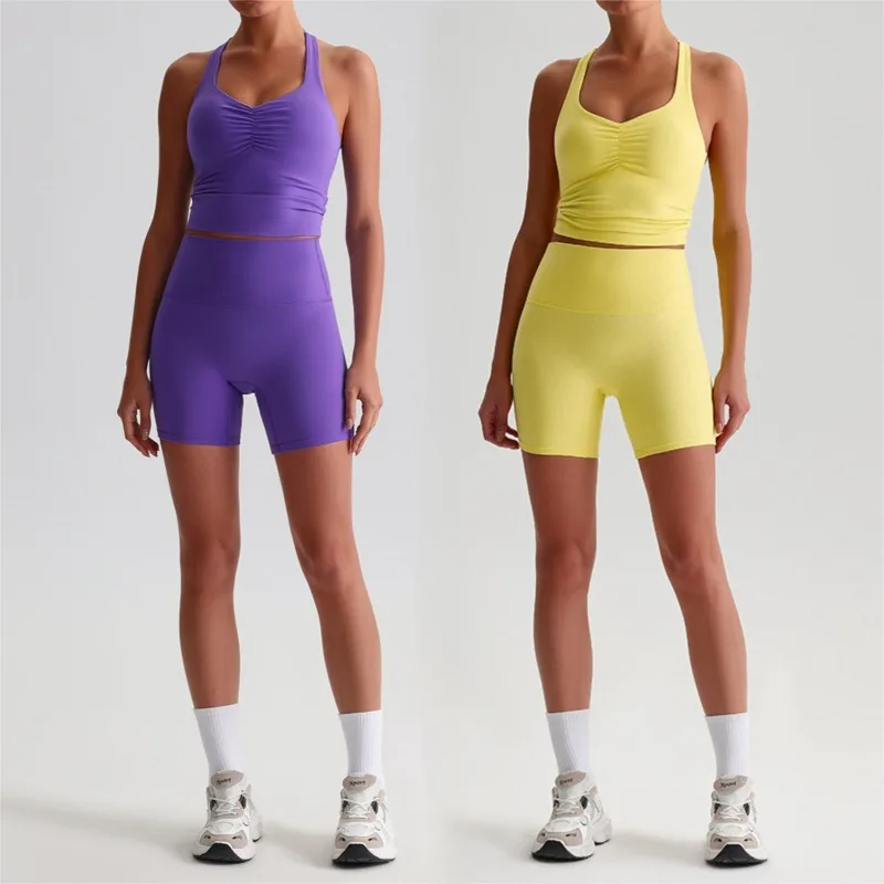 

New Women's Solid Color Yoga Set Naked Feel Backless Sports Bra Butt Lifting Tight Shorts Outdoor Running Fitness Workout Outfit