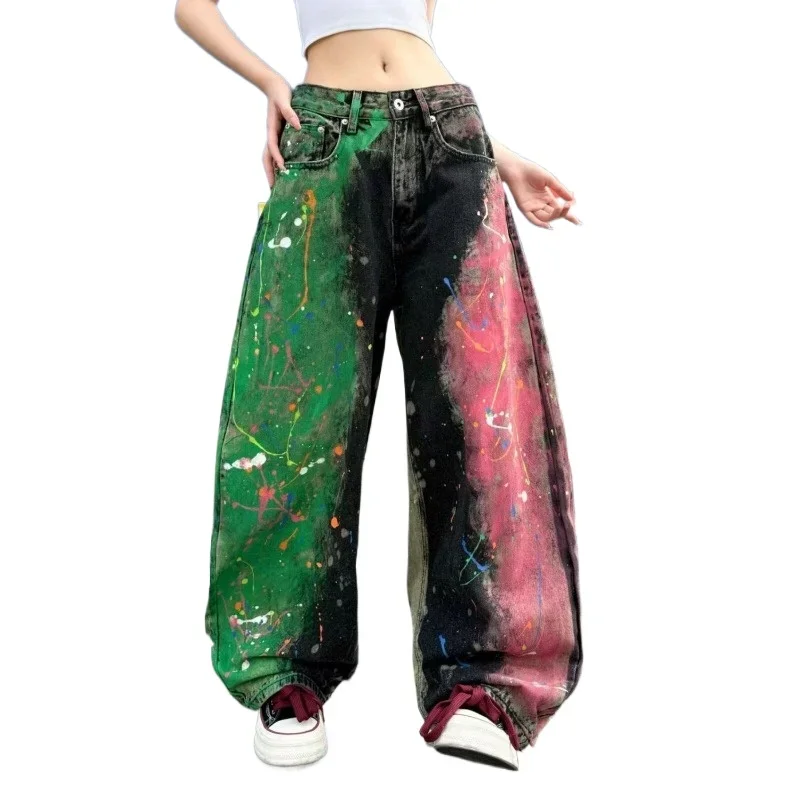 Printing Ink Splashing Loose Retro Hong Kong Style Mopping Pants Autumn Winter Trendy Design Men's and Women's Wide-leg Jeans