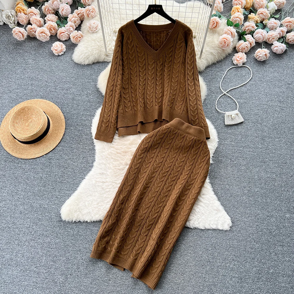 Croysier Autumn Winter Women Casual Cable Knit Two Piece Set Pullover Sweater And Back Slit Pencil Midi Skirt Co Ord Sets 2023