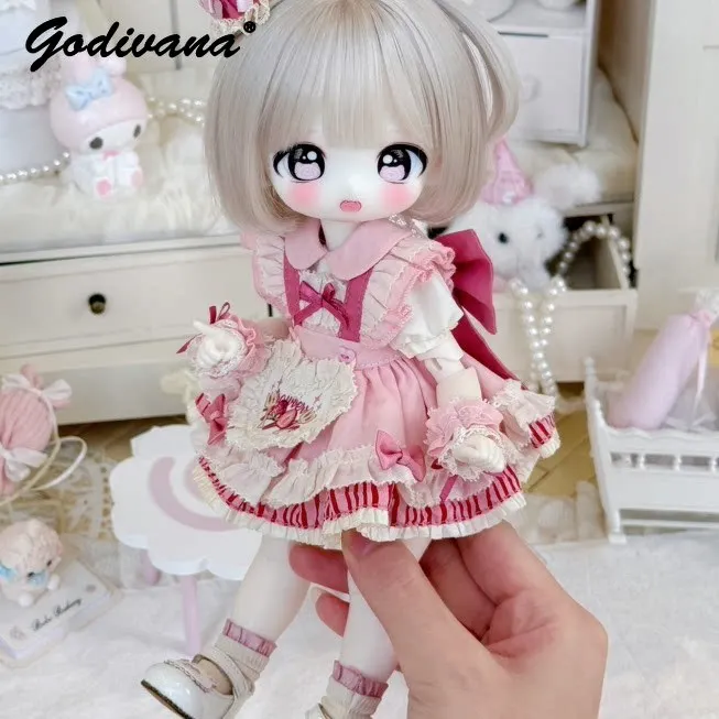 Original 1/6 BJD Doll Clothes Kawaii Sweet Strawberry Embroidery Lolita Dress Lace Ruffle Trim Frilled Maid Outfit for 1/12 BJD