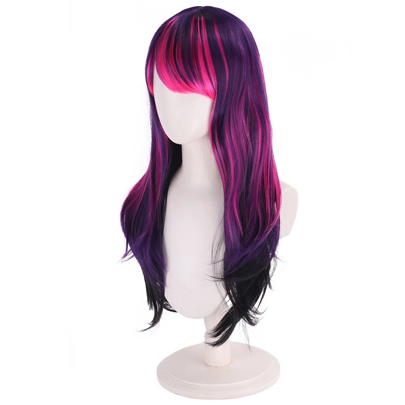 Cosplay wig with purple gradient pony headgear, anime long curly hair