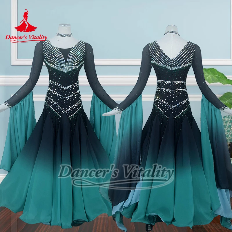 블랙-그린 그라데이션 컬러 포크스트롯 AB 스톤 드레스 맞춤형 성인&어린이 표준 소셜 댄스 대회 의상 댄서의 활력