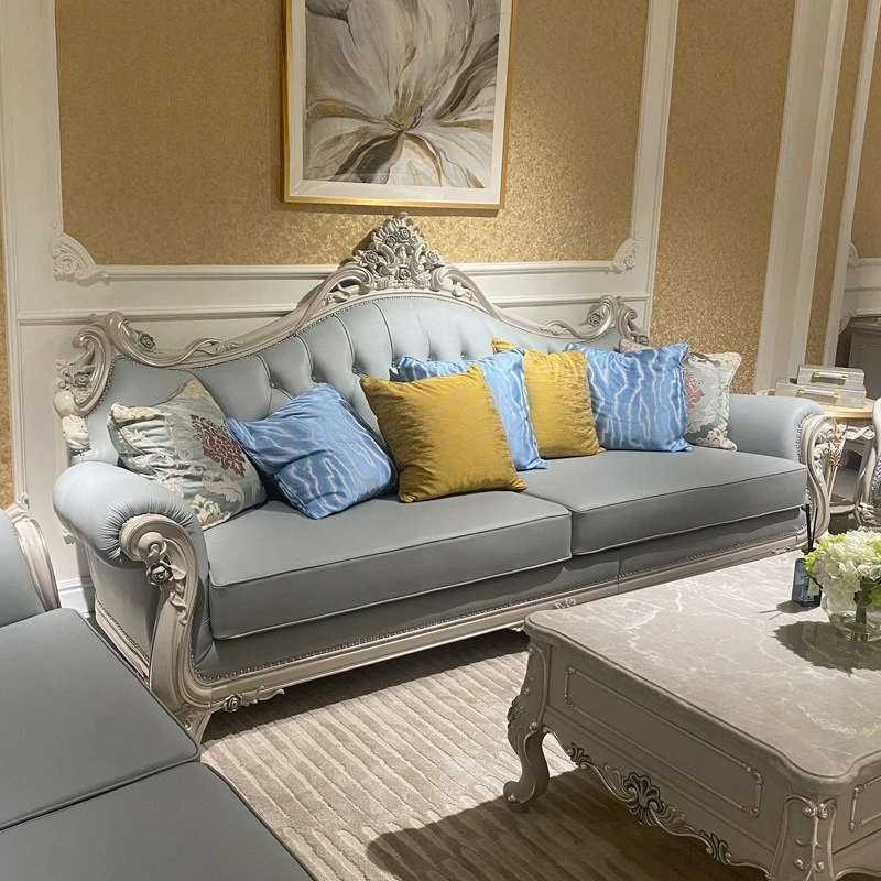 

Настраиваемый французский ретро легкий роскошный кожаный диван, европейская вилла, гостиная, диван из массива дерева с цветком, четырехместный диван