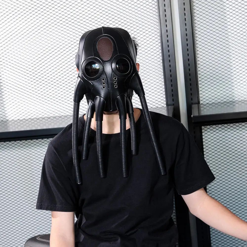 Medieval Retro Cos Head Masks Halloween Cos Party Props Costumes Octopus Cosplay Headgear Punk Steampunk Style Black PU Leather