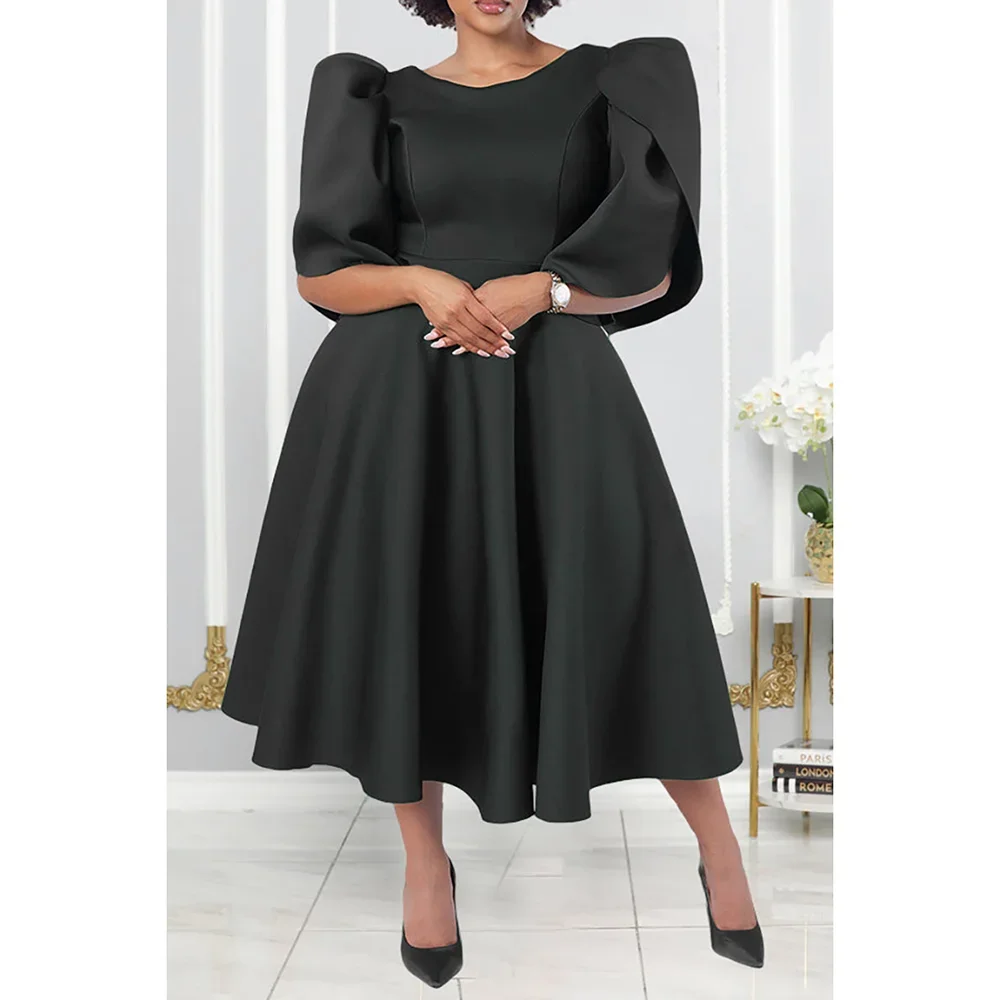 Vestido preto A-Line Bubble Sleeve Midi, elegantes vestidos formais, Swing A-Line, Plus Size