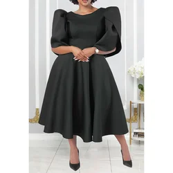 Plus Size Formal Black Bubble Sleeve A-Line Swing Elegant Commuting Midi Dresses