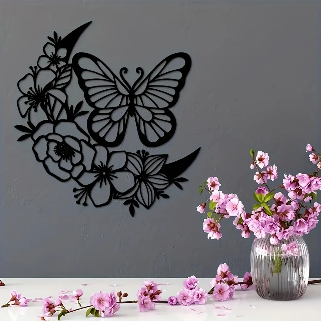 Pedidos de pared bohemios de fase lunar, decoración de pared, arte de pared de Luna nórdica, flor, mariposa, arte de pared de Metal, colgante de pared de fase lunar