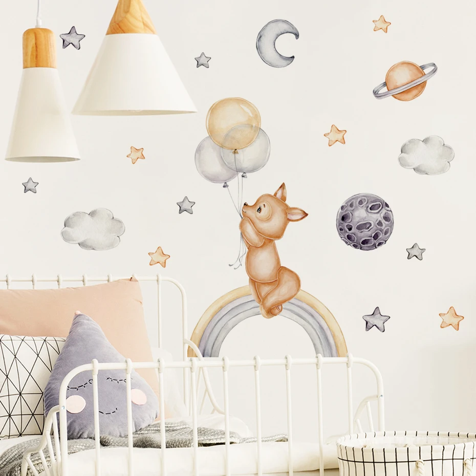 Cartoon Cute Fox Flies Over the Rainbow Balloon Watercolor Vinyl Children's Nursery Wall Sticker for Kids Babys Room Home Decor