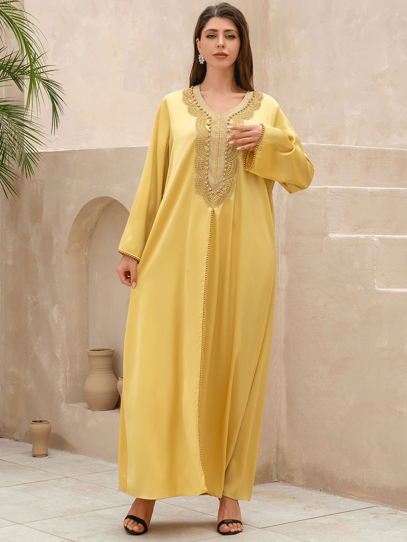 Robe musulmane perlée à col en V pour femmes, Abayas décontractées, Vêtements islamiques, Manches longues, Turquie, Arabie, Dubaï, Indépendance