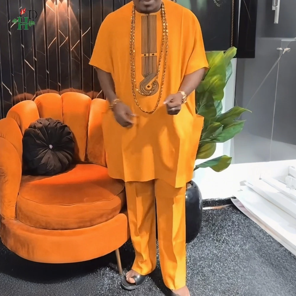 H&D 2026 African Clothes For Men Traditional Clothing Embroidered 2 Pcs Set Kaftan Thobe Shirt Pants Suit Wedding Party Ramadan