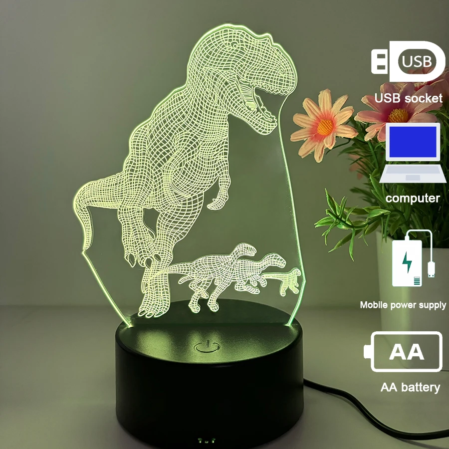 Comfortable 3D dinosaur nightlight, room fit,4 modes and timing features,7 color variations,LED illusion nightlight Dinosaur gif