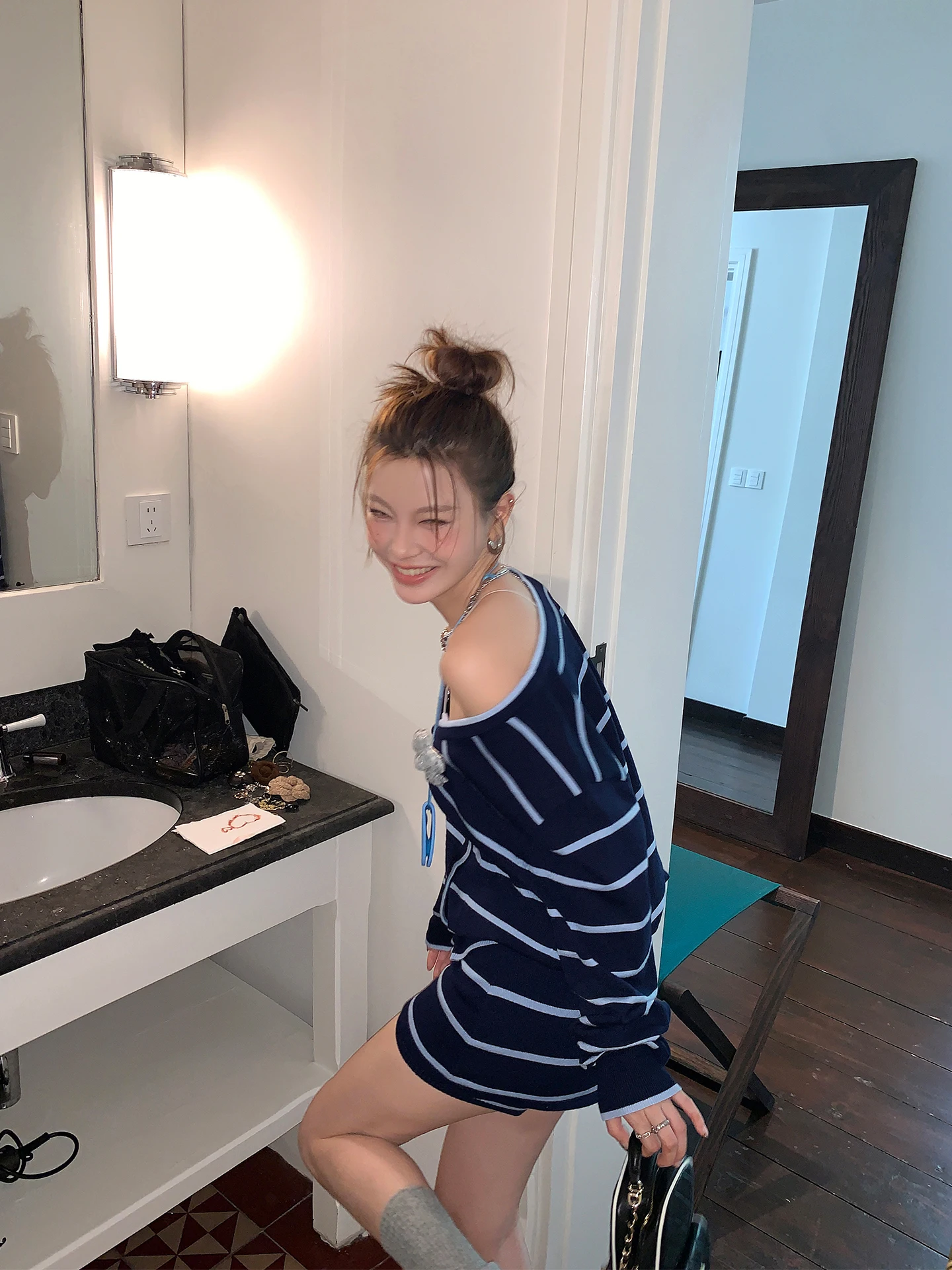 

DULA Holiday Relax Knitted Cardigan Sweater Women's Autumn High Waist orts Skirt Set High Elastici V-ne Button Sle