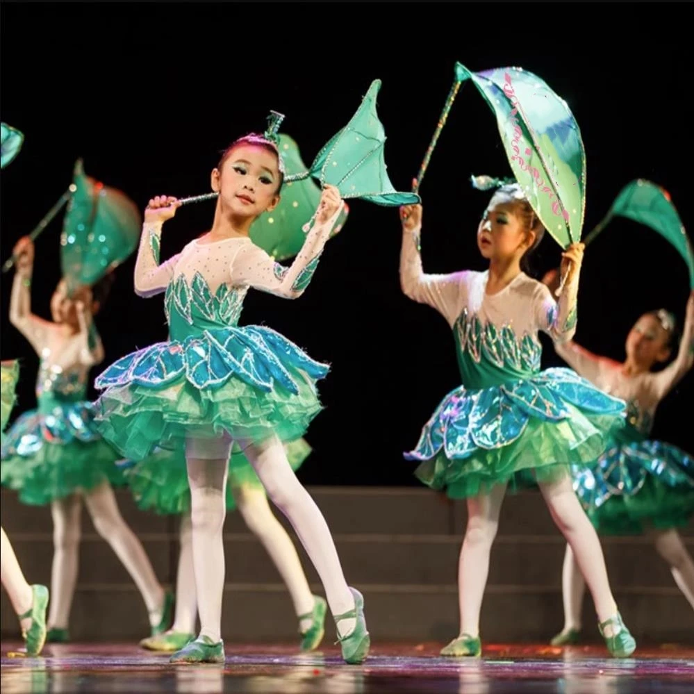 Kids Green Leaves Ballroom Clothing Sequined Modern Dance Tutu Dress Girls Jazz Dance Costume Stage Wear Princess Dresses