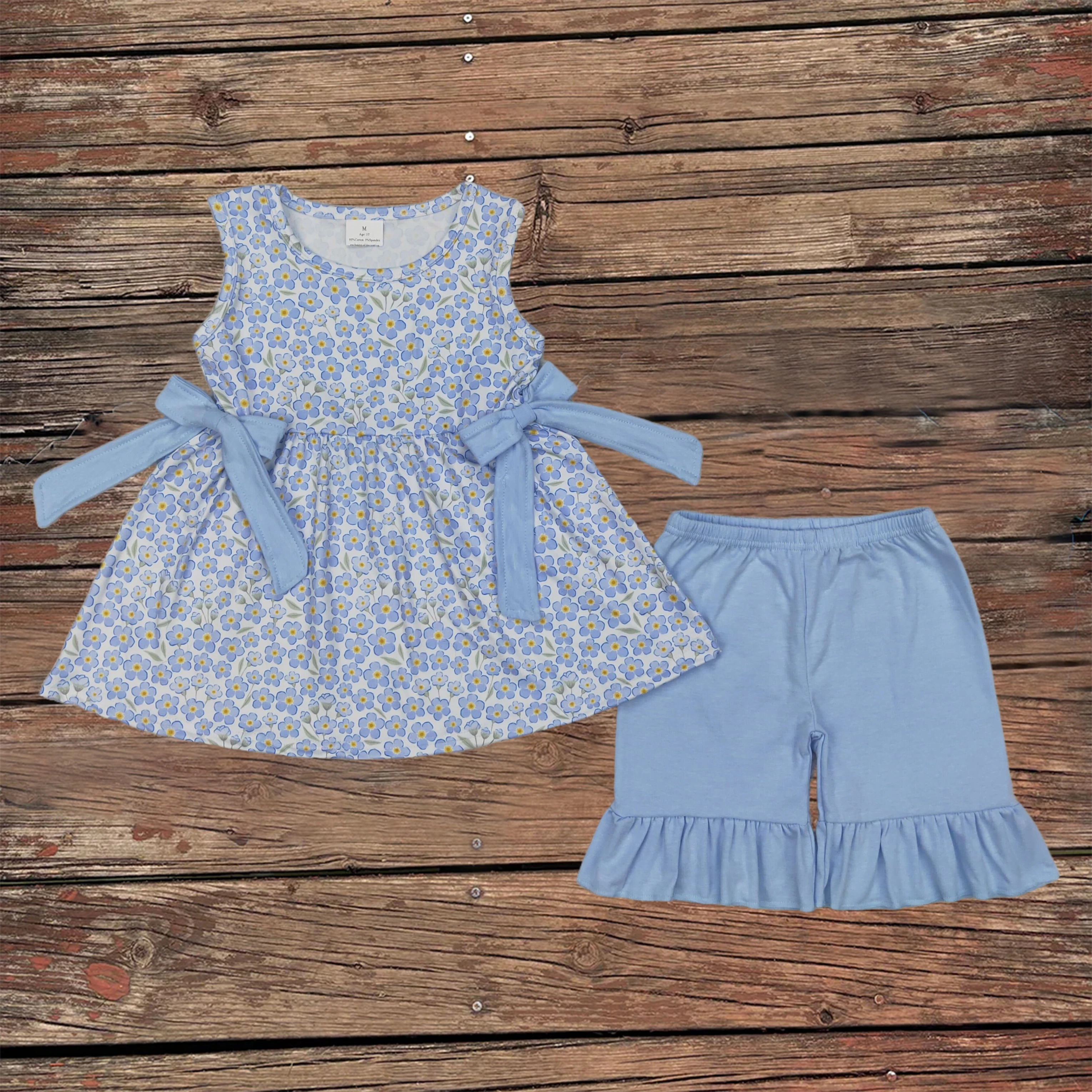 

Wholesale Baby Girl Clothes Infant Sleeveless Blue Flowers Bows Tunic Top Ruffle Cotton Shorts Sets Toddler Children Kids Outfit