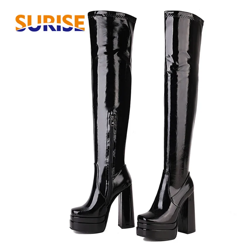 

Красный и черный цвет; Высота платформы по колено; Женские сапоги из лакированной кожи на высоком не сужающемся книзу массивном каблуке; Женские сапоги до бедра на молнии с квадратным носком