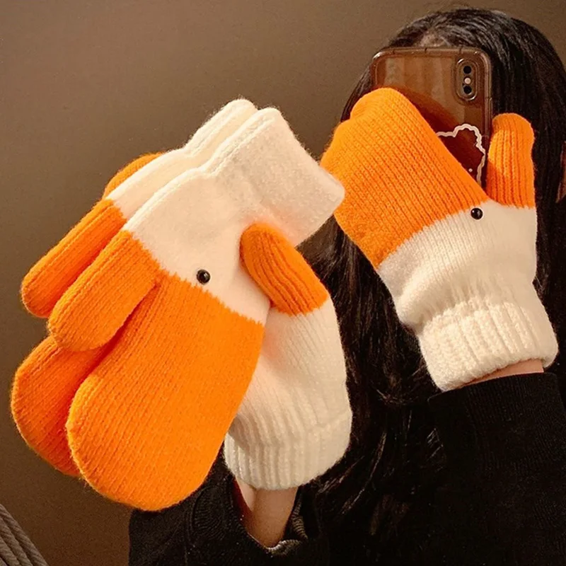 Creative Cartoon Knitted Gloves Funny Big Goose Thickened Autumn Winter Mittens Full Finger Glove Accessories For Student Women