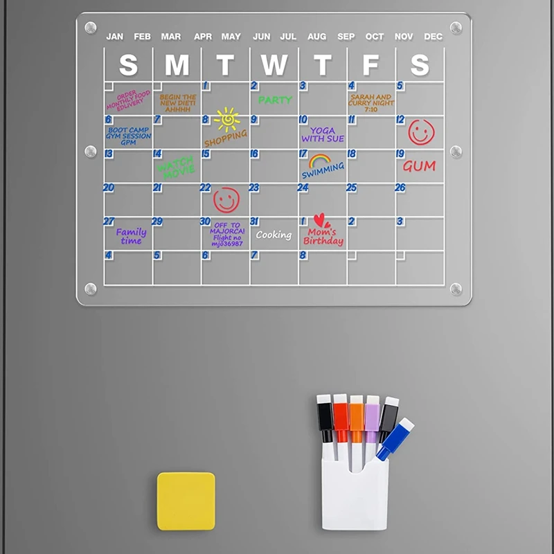 아크릴 마그네틱 달력 건조 지우기 냉장고 달력 보드, 16x12 인치, 1 세트
