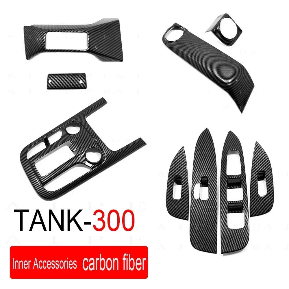 

Для GWM Tank 300 2022 2023, карбоновые аксессуары для интерьера, переключатель подъема оконного стекла, центральная консоль, переключатель передач, крышка выхода воздуха, накладка