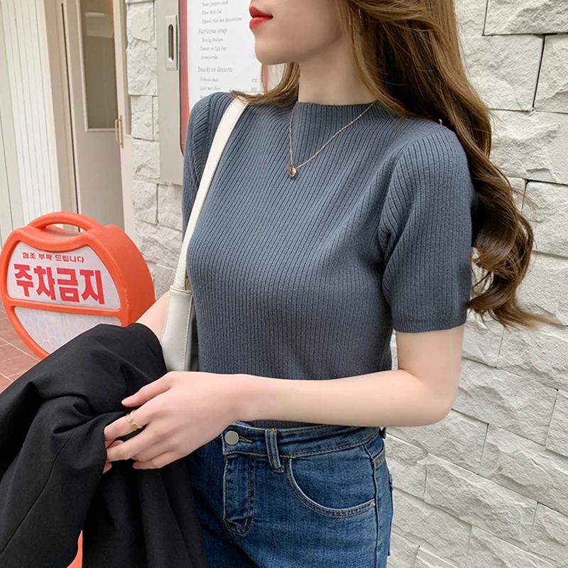 Summer Knitted Thin Sweater Pullovers Korean Half Sleeve Turtleneck Sweater for Women Slim Jumper Tops Office Lady