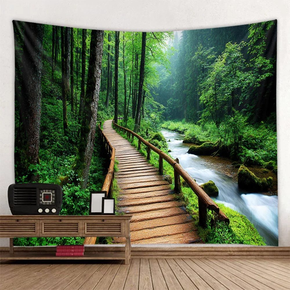 Tropical Rainforest Wooden Path Tapestry Green Plants Natural Waterfall Tapestry Home Living Room Decoration Garden Wall Hanging