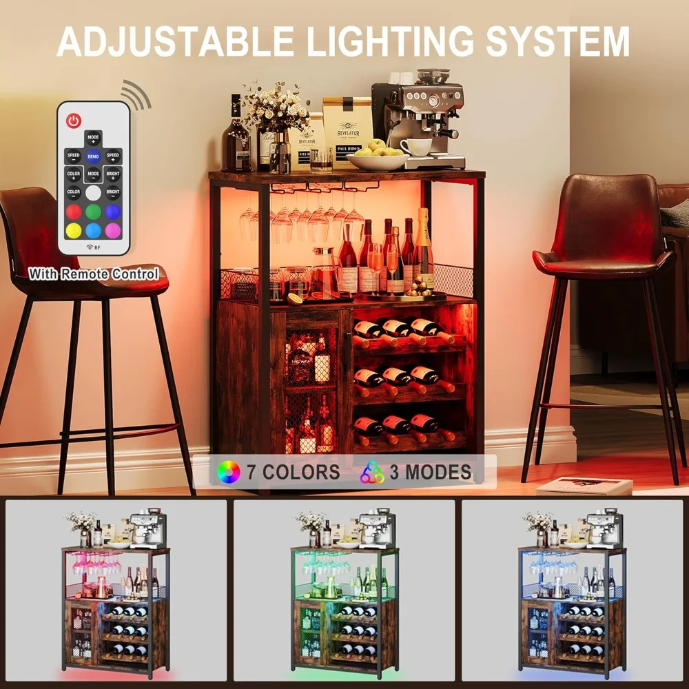 Gabinete de barra de café iluminado con LED, gabinete de barra de estante de vino desmontable, gabinete de licor con puerta de malla, almacenamiento de 36 pulgadas de alto