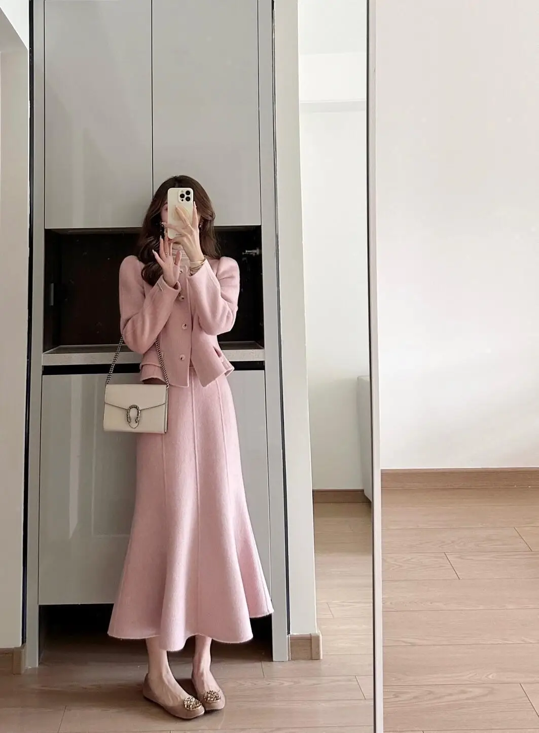Temperament frauen Set Herbst/Winter Neue Stil Kleine Duftende Rosa Abnehmen Top Halb Rock Zwei Stück Set