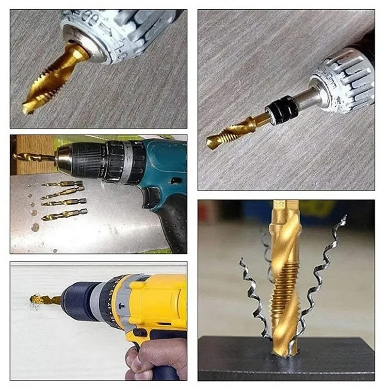 AC88-12Pcs Titanium Coated HSS Tap Drill Bits Set Hex Shank Screw Thread Bit Screw Machine Compound Tap M3 M 4 M5 M6 M8 M10