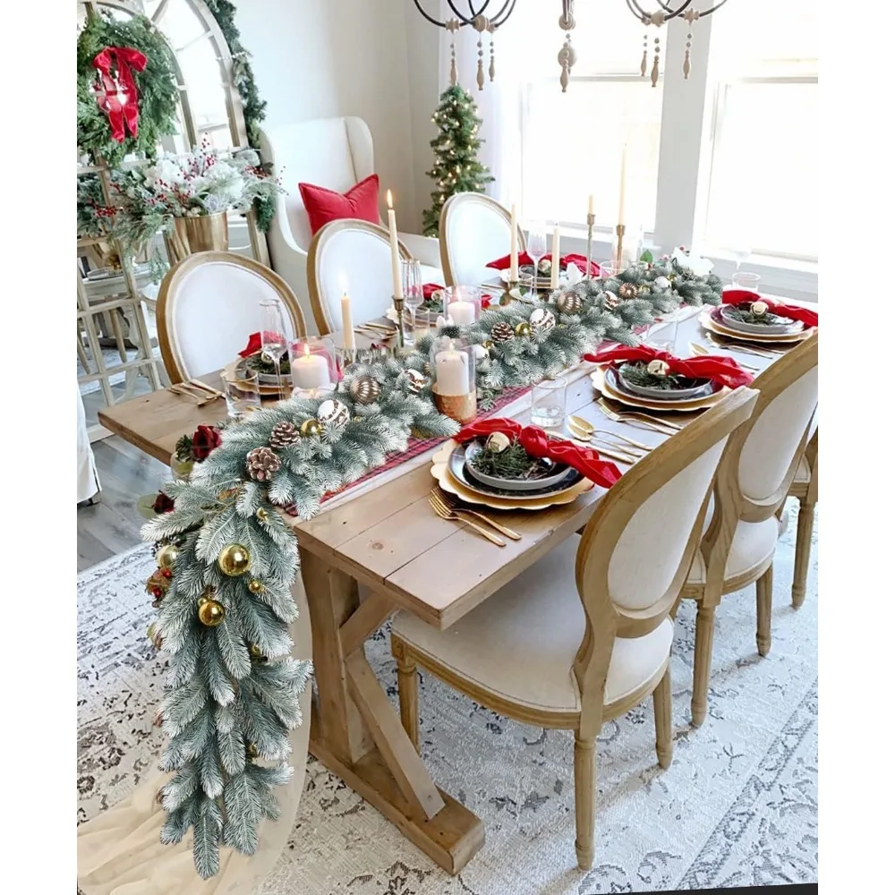 إكليل من الصنوبر الاصطناعي لعيد الميلاد بطول 6 أقدام، إكليل من الخضراء الشتوية وأوراق الصنوبر البيضاء لموسم العطلة وطاولة الموقد Ru