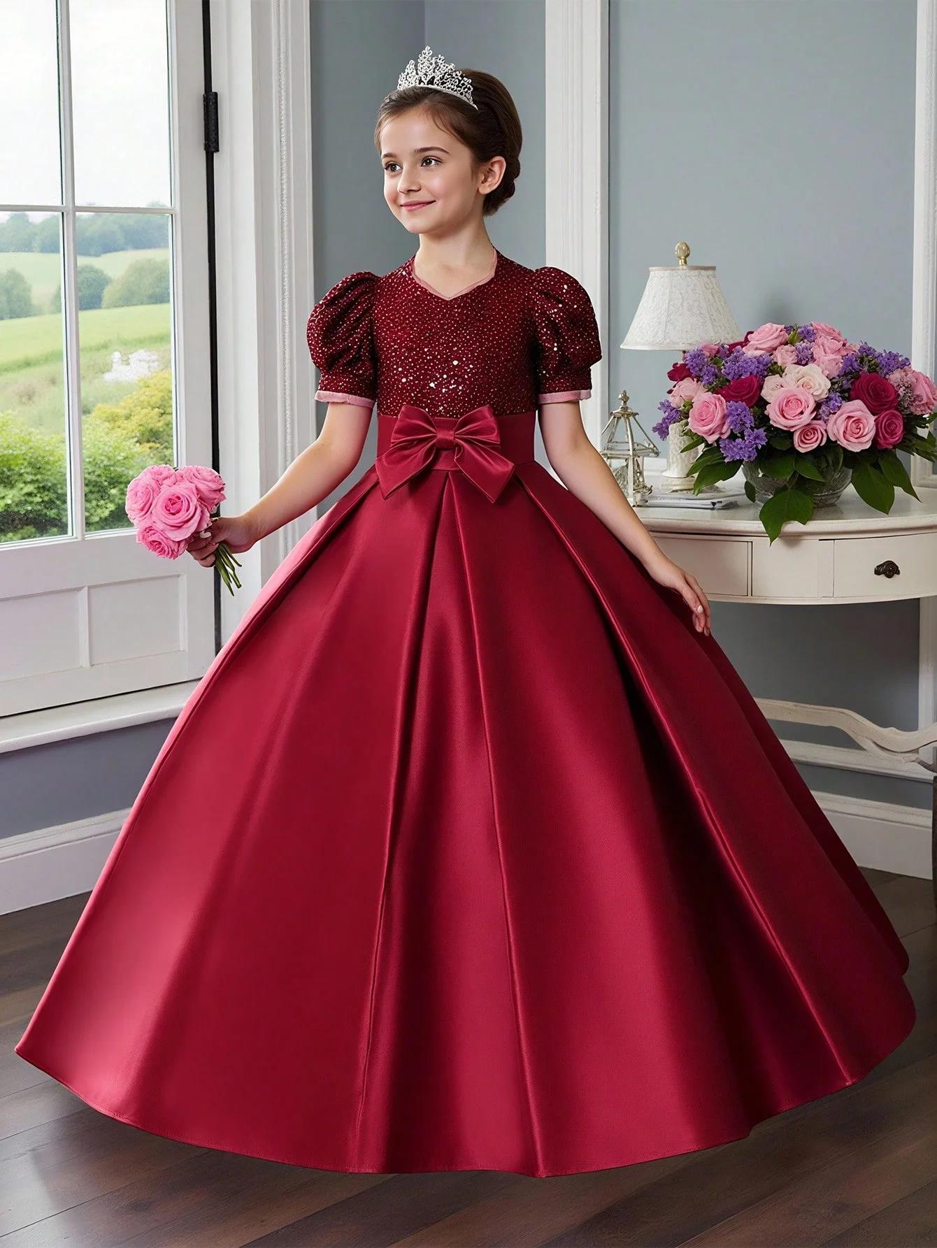 Girls Wedding Dress Pink Sequined Satin Flower Girl Dress Puff Sleeve Bow A-Line Dress 2026 Children's Performance Formal Dress