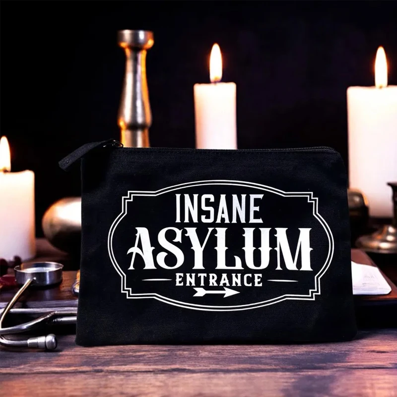

Insane Asylum Entrance Themed Black Canvas Makeup Bag Halloween Cosmetic Bag Accessories Gift Festival Party Decoration Supplies