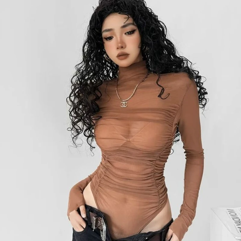 

Женское винтажное боди с длинными рукавами в американском стиле, прозрачная сетчатая футболка с рюшами и высокой талией Y2K, шикарный топ для горячих девушек, весна-лето