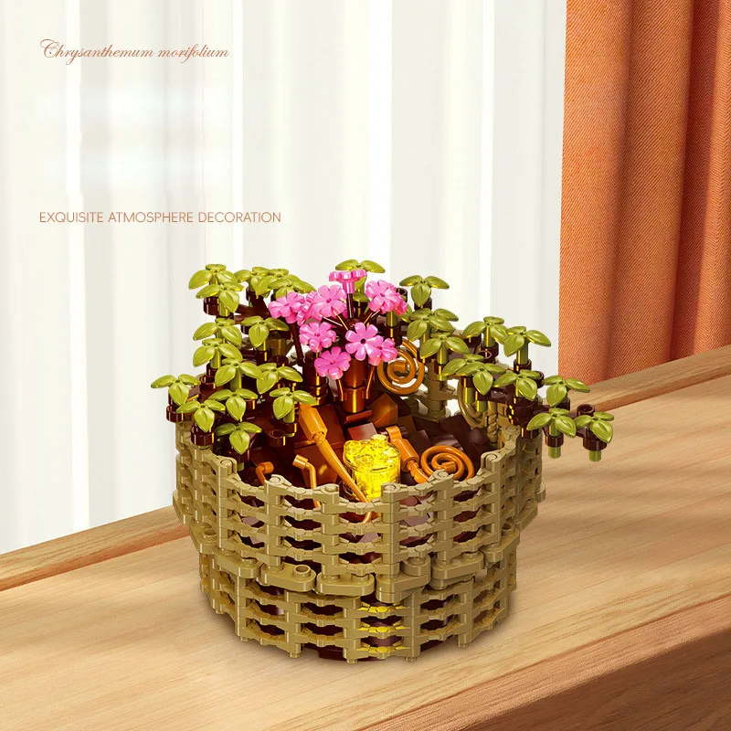 크리 에이 티브 원예 화분에 심은 식물 빌딩 블록 국화 Morifolium 교육 장난감 건설 벽돌 컬렉션 빛