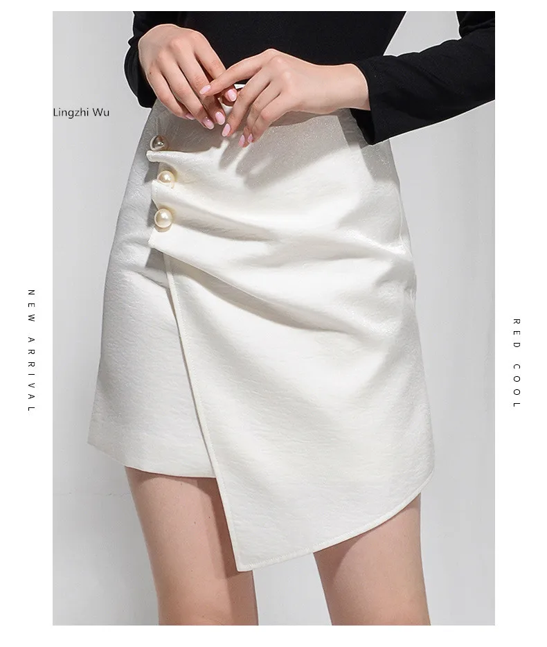 

Lingzhi Wu French Design Slim Pearl Button Skirt Folds Irregular Bud Skirts White Ladies Elegant High Waist Short Faldas