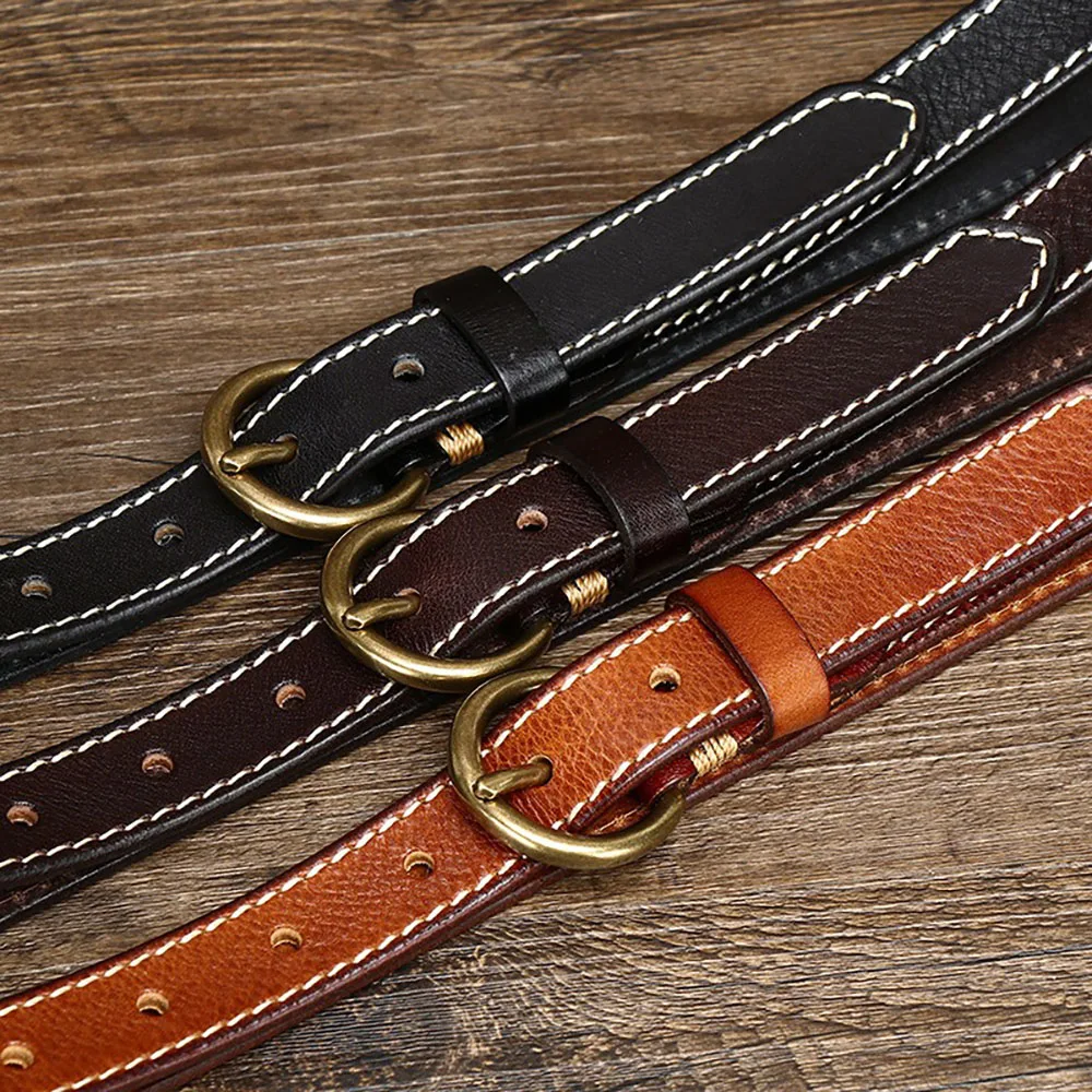 

Fashion Retro 2.4CM Wide Trendy Decorative Thin Stitching Belt with Copper Buckle Genuine Cowhide Leather Jeans Belt for Women