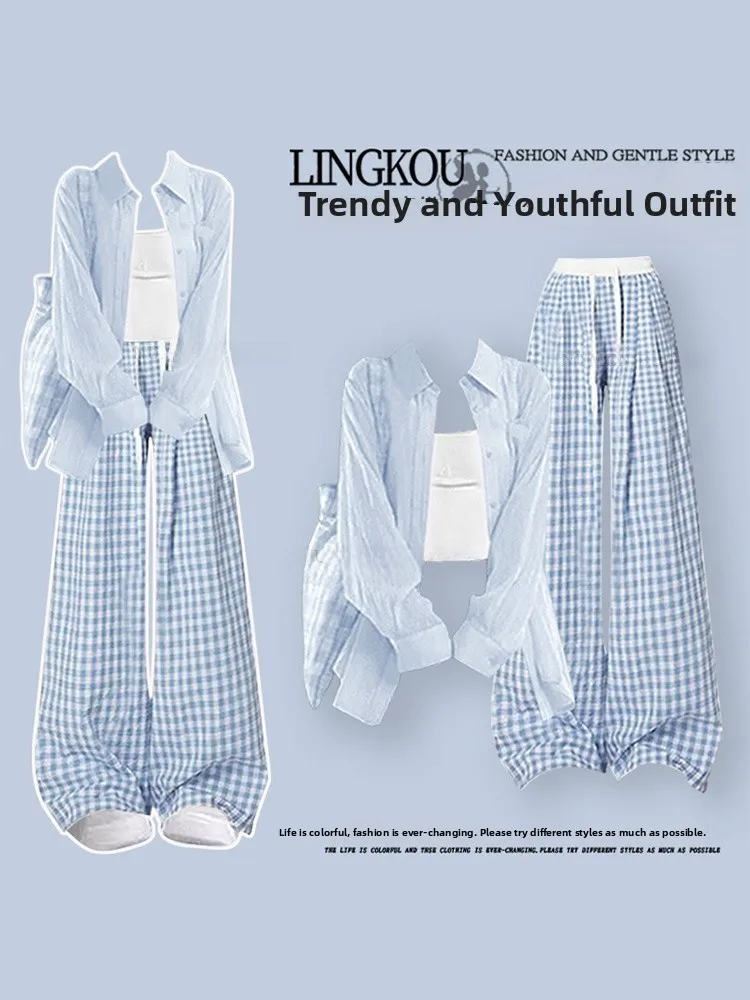 

Summer Large Size Dopaamine Set Women's Anti-Aging Sun Protection Clothing Korean Style Plaid Wide Leg Pants Strap Three-Piec...