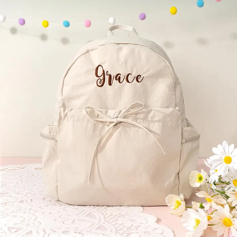New Custom Name Girl's Outdoor Backpack Personalized Bowknot Women's Nylon Schoolbag with Names Large Capacity  Campus Backpacks