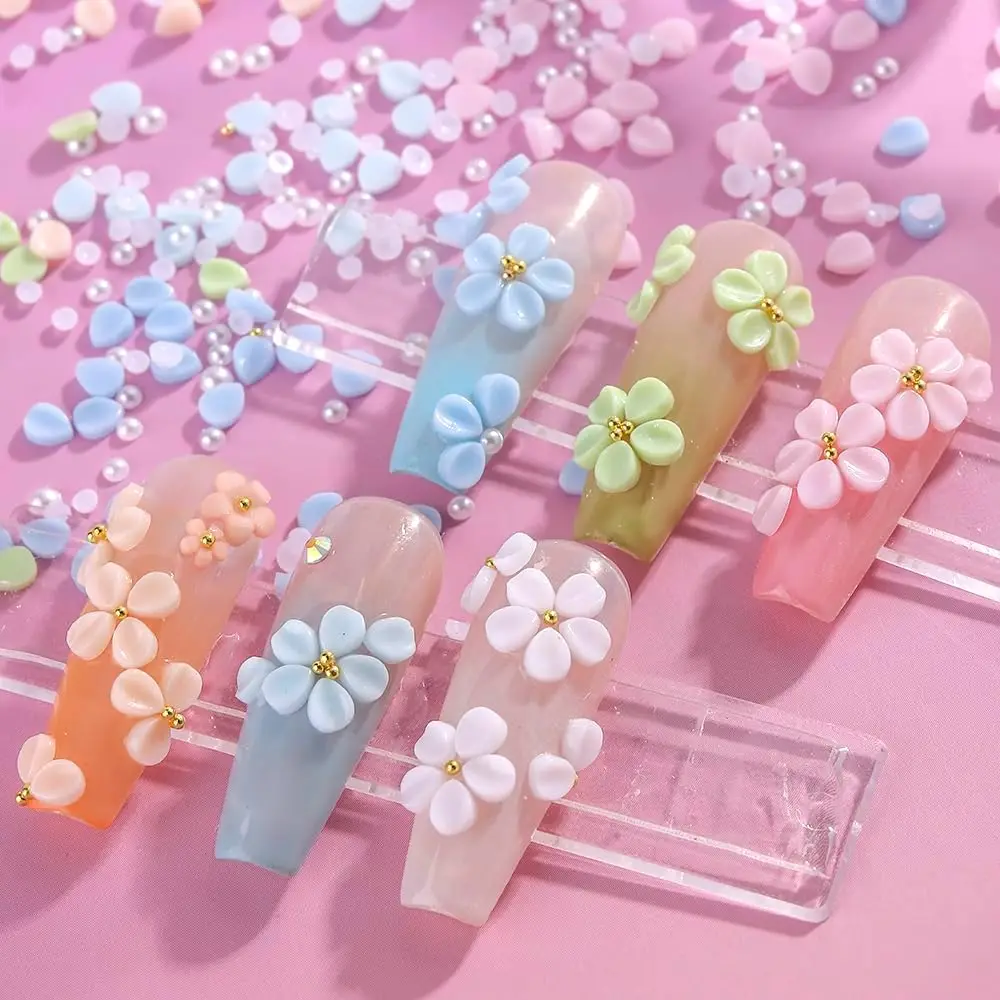 1箱 3D カラフル レジンフラワー 花びら パール ネイルアート チャーム ミックス ゴールドビーズ フラワー ラインストーン アクセサリー ネイルアートデコレーション